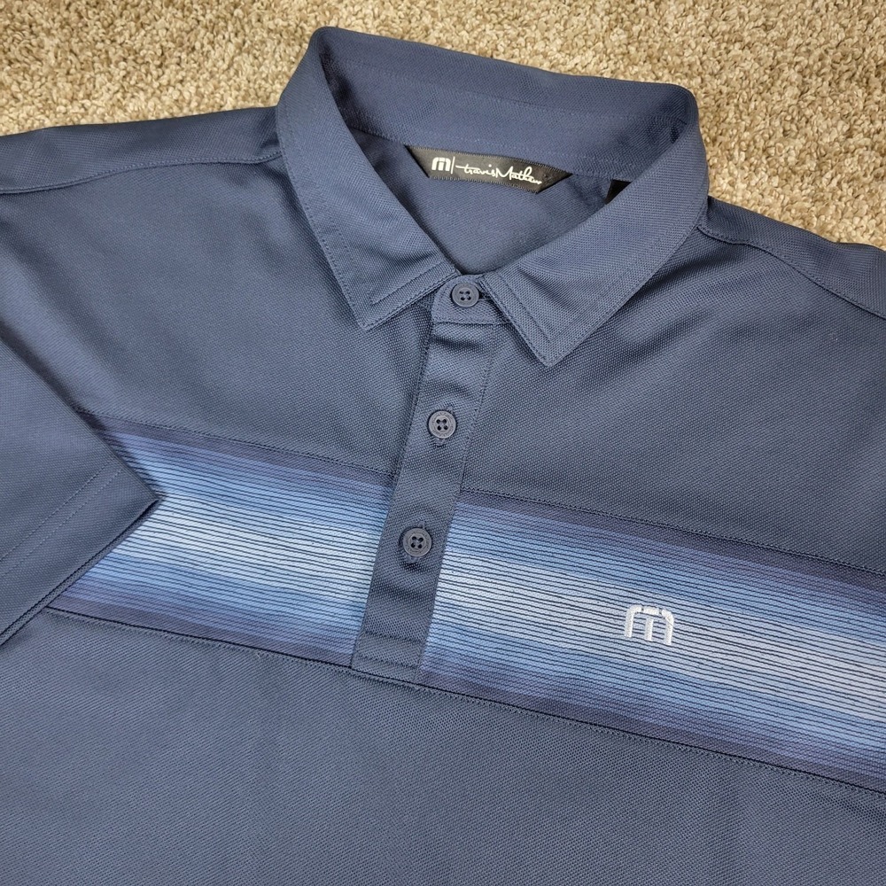 Travis Mathew Mens Medium Navy Striped Performance Stretch Polo Short Sleeve